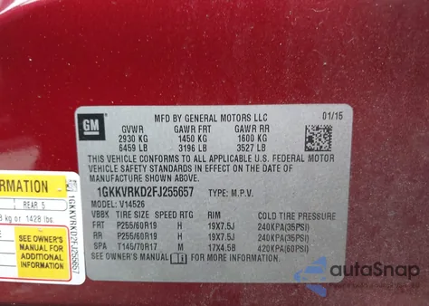 2015 GMC Acadia Slt-1 из США, поврежденный, VIN 1GKKVRKD2FJ255657